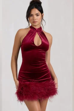 Tillie | Berry Velvet High Neck Trapeze Mini Dress With Feather Hem Detail