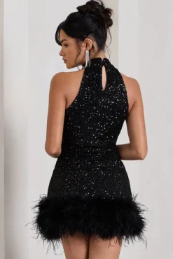 Tillie | Black Sequin High Neck Trapeze Mini Dress With Feather Hem Detail