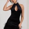 Tillie | Black Velvet High Neck Trapeze Mini Dress With Feather Hem Detail