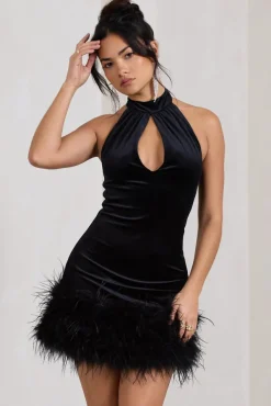 Tillie | Black Velvet High Neck Trapeze Mini Dress With Feather Hem Detail