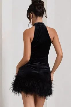 Tillie | Black Velvet High Neck Trapeze Mini Dress With Feather Hem Detail