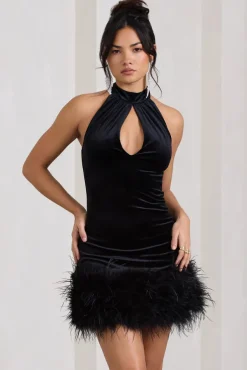 Tillie | Black Velvet High Neck Trapeze Mini Dress With Feather Hem Detail