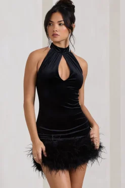 Tillie | Black Velvet High Neck Trapeze Mini Dress With Feather Hem Detail