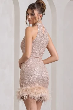Tillie | Champagne Sequin High Neck Trapeze Mini Dress With Feather Hem Detail