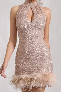 Tillie | Champagne Sequin High Neck Trapeze Mini Dress With Feather Hem Detail