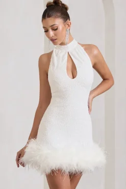 Tillie | White Sequin High Neck Trapeze Mini Dress With Feather Hem Detail