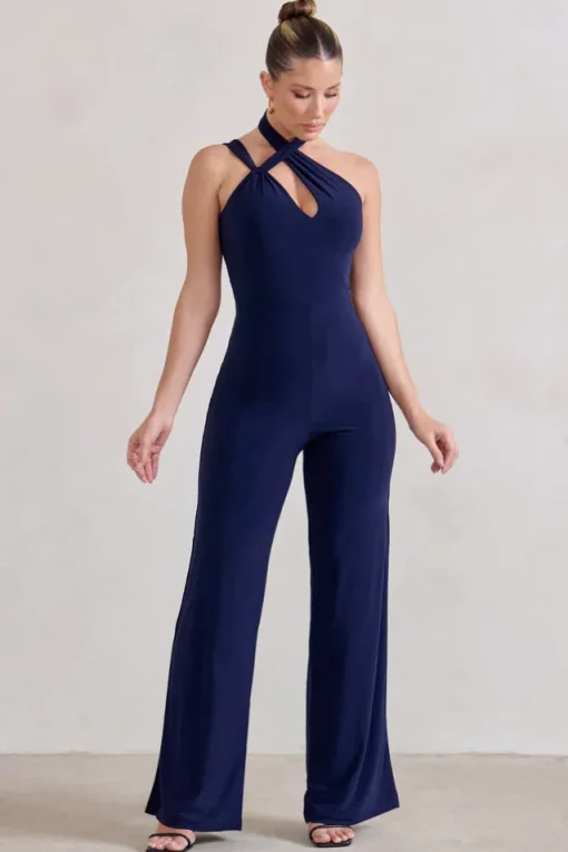 Tilly | Navy Cut Out Halterneck Asymmetrical Jumpsuit