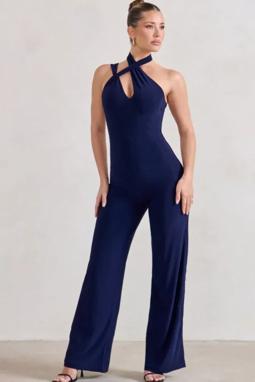Tilly | Navy Cut Out Halterneck Asymmetrical Jumpsuit