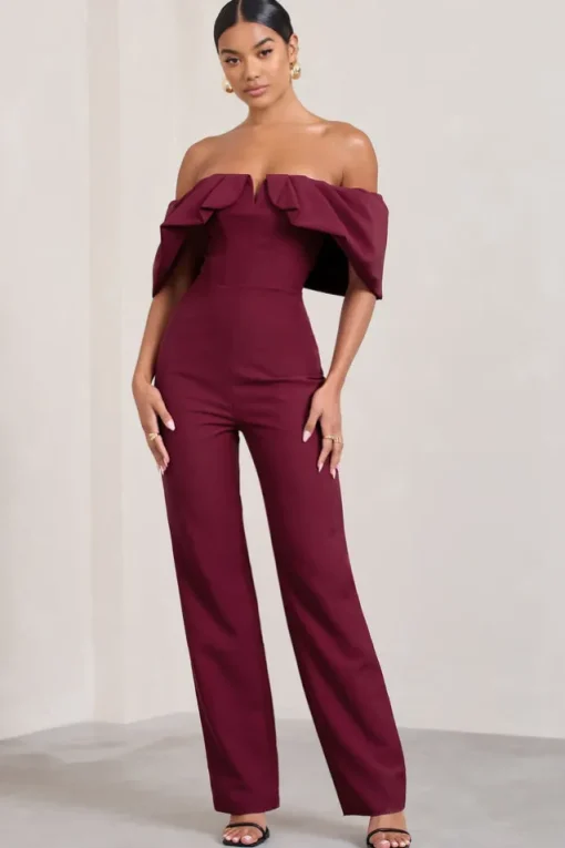 Time Will Tell | Berry Off The Shoulder Wide Leg Jumpsuit