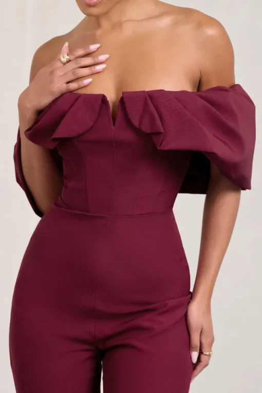 Time Will Tell | Berry Off The Shoulder Wide Leg Jumpsuit