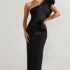 Timeless Love | Black Asymmetric Draped Ruffle Maxi Dress