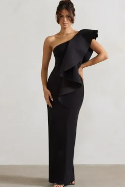 Timeless Love | Black Asymmetric Draped Ruffle Maxi Dress
