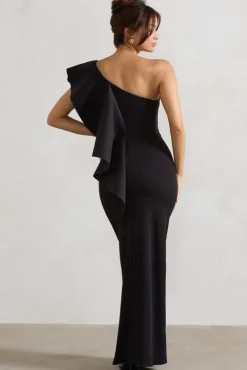 Timeless Love | Black Asymmetric Draped Ruffle Maxi Dress
