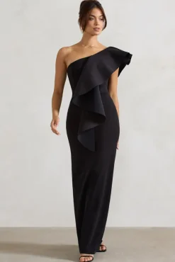 Timeless Love | Black Asymmetric Draped Ruffle Maxi Dress