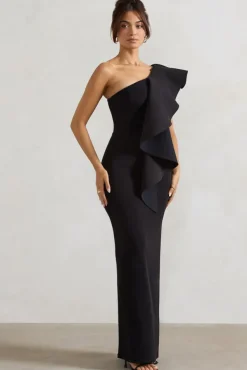 Timeless Love | Black Asymmetric Draped Ruffle Maxi Dress