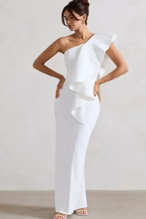 Timeless Love | White Asymmetric Draped Ruffle Maxi Dress