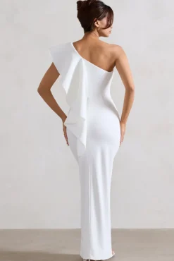 Timeless Love | White Asymmetric Draped Ruffle Maxi Dress