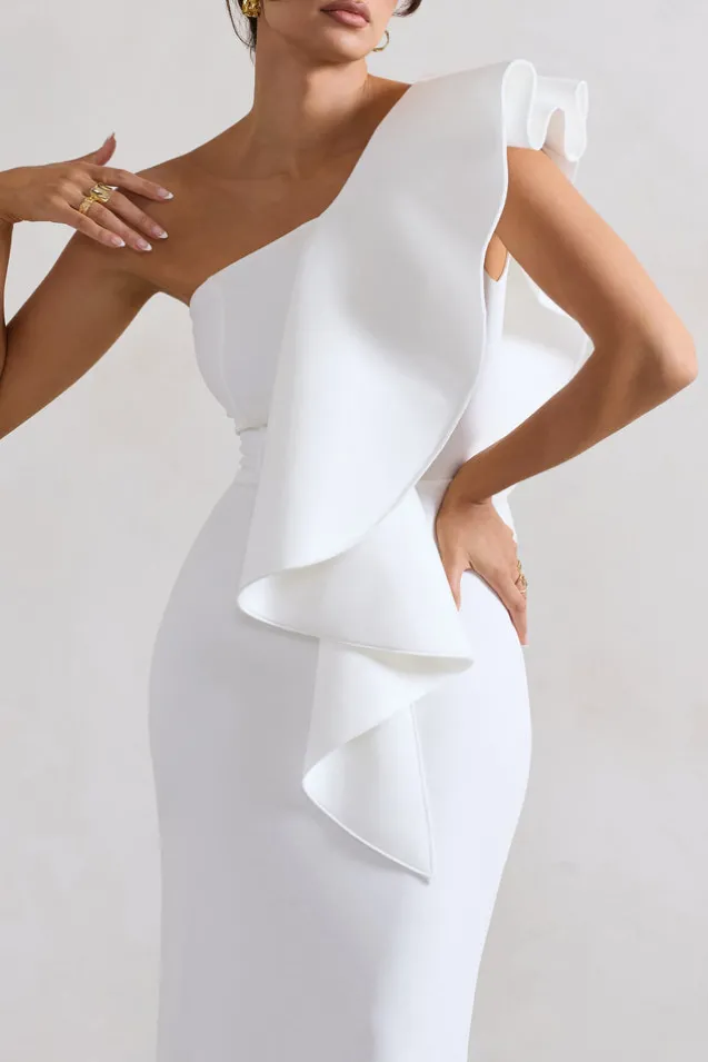 Timeless Love | White Asymmetric Draped Ruffle Maxi Dress