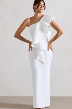Timeless Love | White Asymmetric Draped Ruffle Maxi Dress