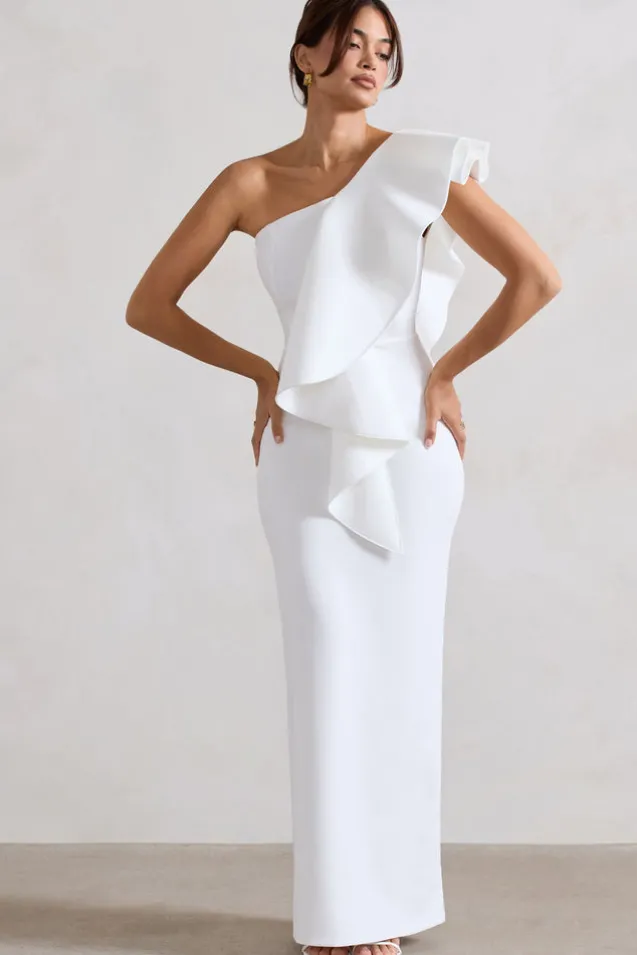 Timeless Love | White Asymmetric Draped Ruffle Maxi Dress
