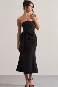To Me | Black Bandeau Midi Dress With Oversized Bow