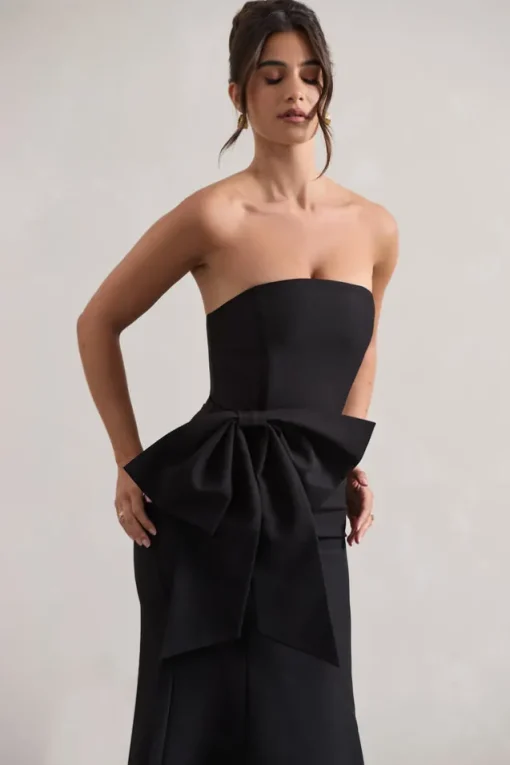 To Me | Black Bandeau Midi Dress With Oversized Bow