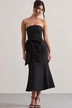 To Me | Black Bandeau Midi Dress With Oversized Bow