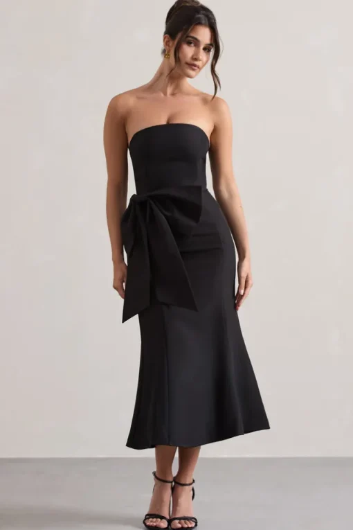To Me | Black Bandeau Midi Dress With Oversized Bow