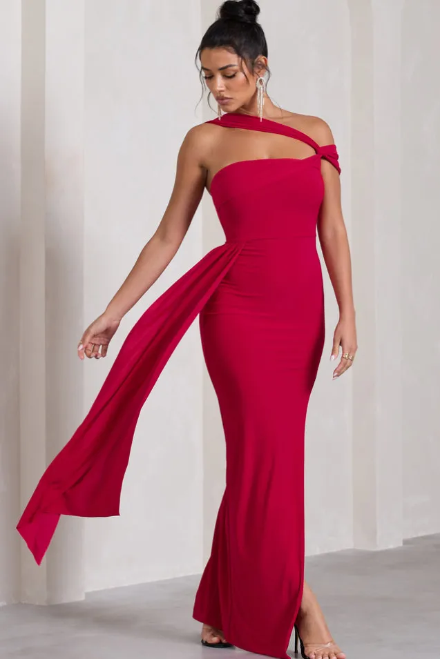 To The Max | Red Strappy Asymmetric Split Maxi Dress With Drape