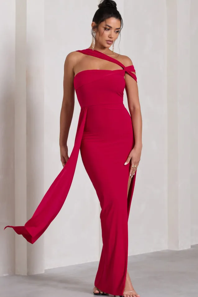 To The Max | Red Strappy Asymmetric Split Maxi Dress With Drape