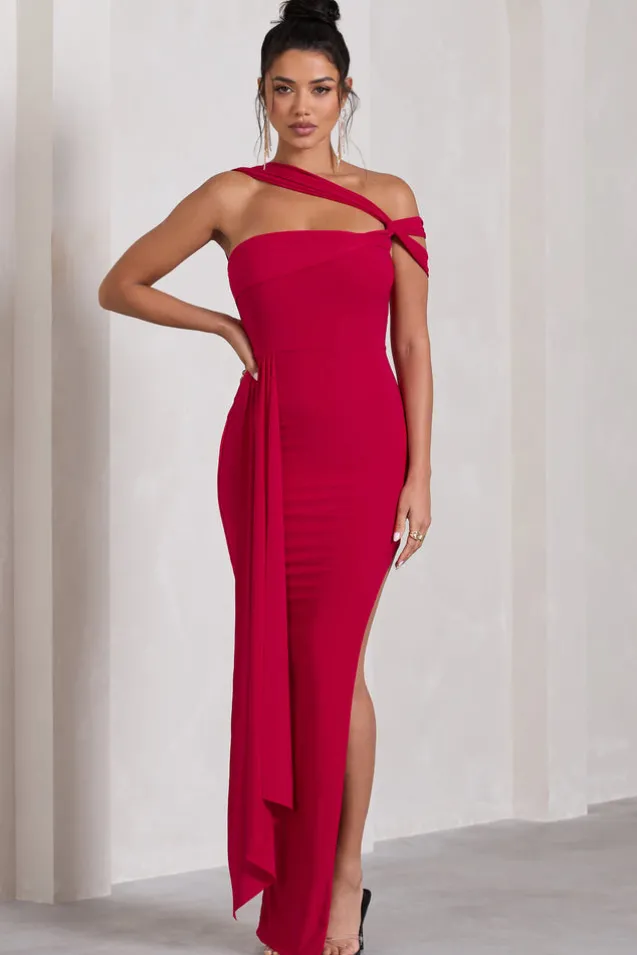 To The Max | Red Strappy Asymmetric Split Maxi Dress With Drape