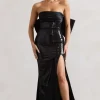 To You | Black Sequin Bandeau Split Maxi Dress With Oversized Bow