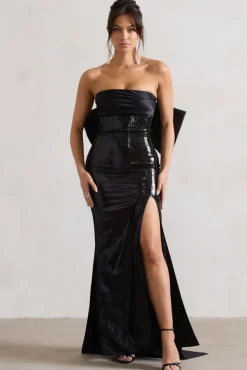 To You | Black Sequin Bandeau Split Maxi Dress With Oversized Bow
