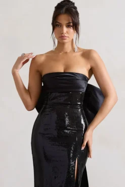 To You | Black Sequin Bandeau Split Maxi Dress With Oversized Bow