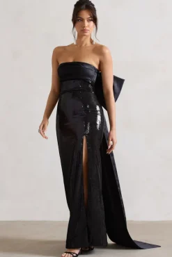 To You | Black Sequin Bandeau Split Maxi Dress With Oversized Bow