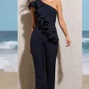 Toulouse | Navy One Shoulder Ruffle Flared-Leg Jumpsuit