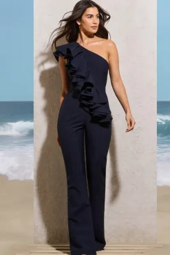 Toulouse | Navy One Shoulder Ruffle Flared-Leg Jumpsuit