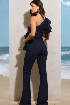 Toulouse | Navy One Shoulder Ruffle Flared-Leg Jumpsuit