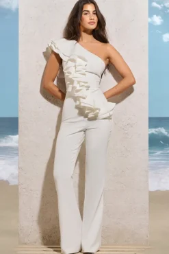 Toulouse | White One Shoulder Ruffle Flared-Leg Jumpsuit