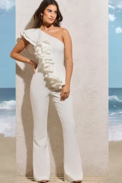 Toulouse | White One Shoulder Ruffle Flared-Leg Jumpsuit