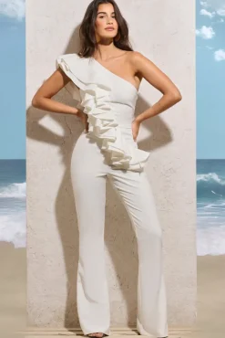 Toulouse | White One Shoulder Ruffle Flared-Leg Jumpsuit