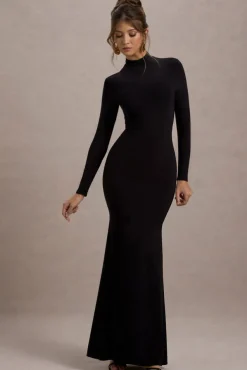 Tova | Black High-Neck Long-Sleeve Fishtail Maxi Dress