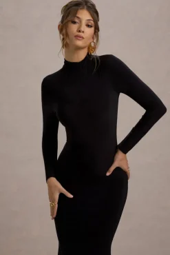 Tova | Black High-Neck Long-Sleeve Fishtail Maxi Dress