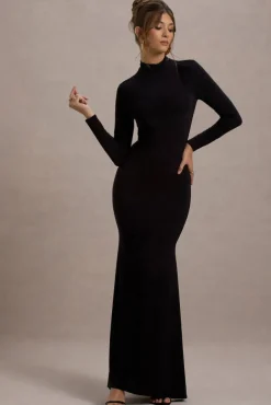 Tova | Black High-Neck Long-Sleeve Fishtail Maxi Dress