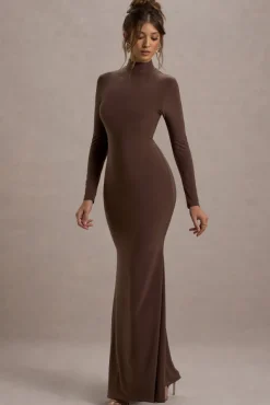 Tova | Chocolate High-Neck Long-Sleeve Fishtail Maxi Dress