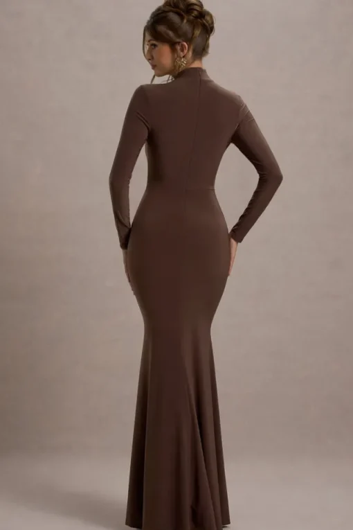 Tova | Chocolate High-Neck Long-Sleeve Fishtail Maxi Dress