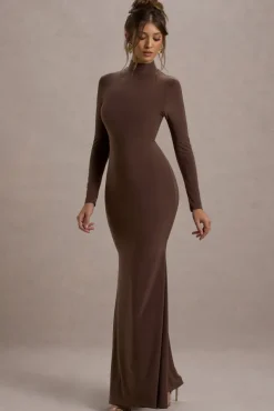 Tova | Chocolate High-Neck Long-Sleeve Fishtail Maxi Dress