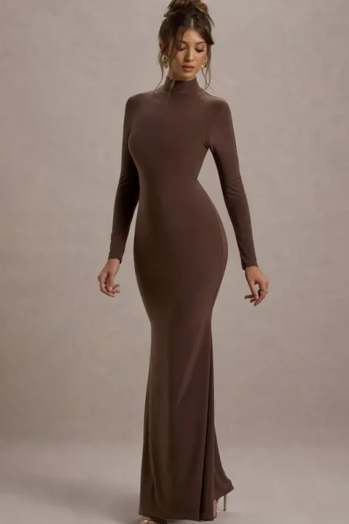 Tova | Chocolate High-Neck Long-Sleeve Fishtail Maxi Dress