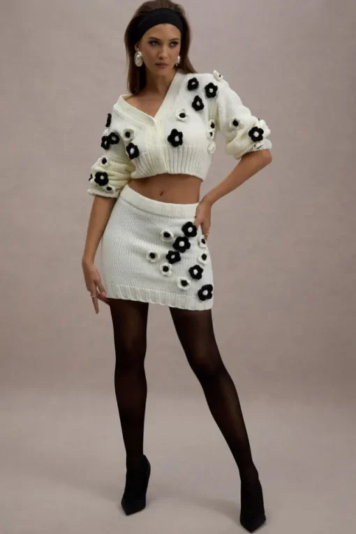 Triomphe | Cream u0026 Black Knit Floral Mini Skirt