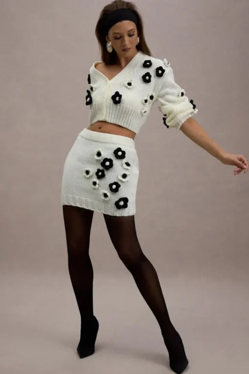 Triomphe | Cream u0026 Black Knit Floral Mini Skirt